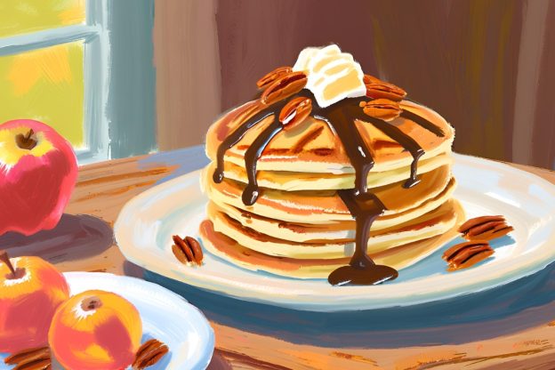 Artwork depicting a plate of pancakes with pecan pieces and syrup.